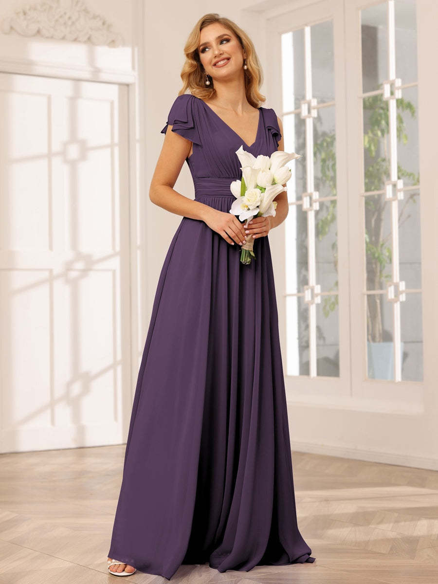 Princess A-Line V-Neck Long Bridesmaid Dresses with Ruffles and Short Sleeves