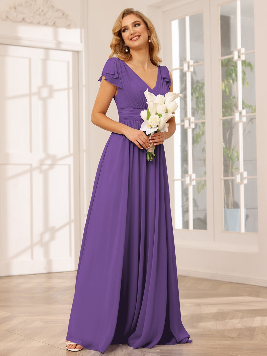 Princess A-Line V-Neck Long Bridesmaid Dresses with Ruffles and Short Sleeves