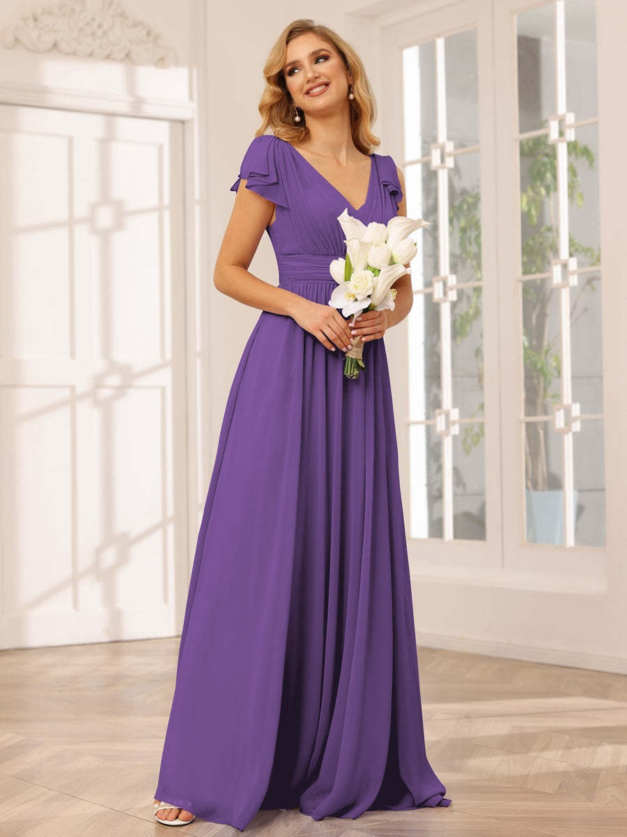 Princess A-Line V-Neck Long Bridesmaid Dresses with Ruffles and Short Sleeves