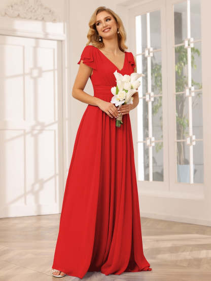 Princess A-Line V-Neck Long Bridesmaid Dresses with Ruffles and Short Sleeves
