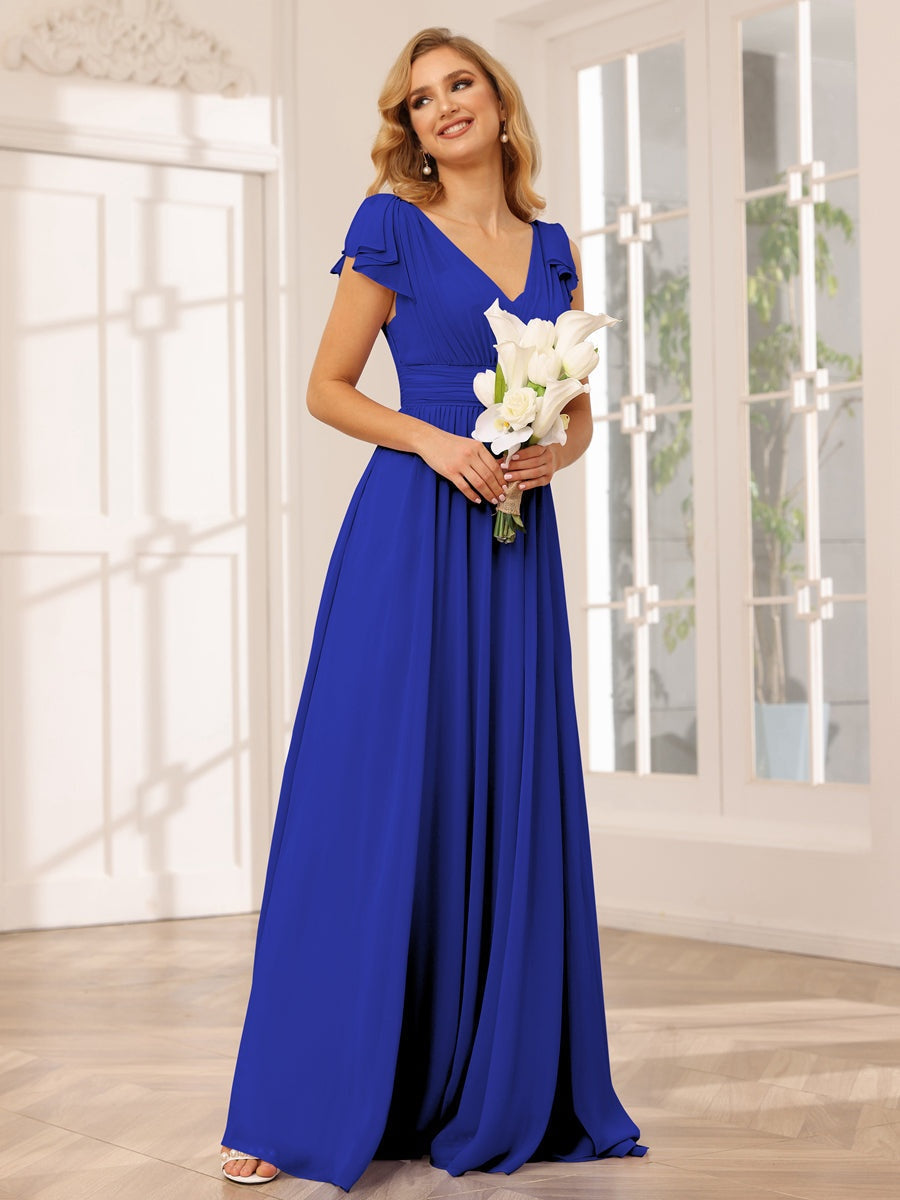 Princess A-Line V-Neck Long Bridesmaid Dresses with Ruffles and Short Sleeves