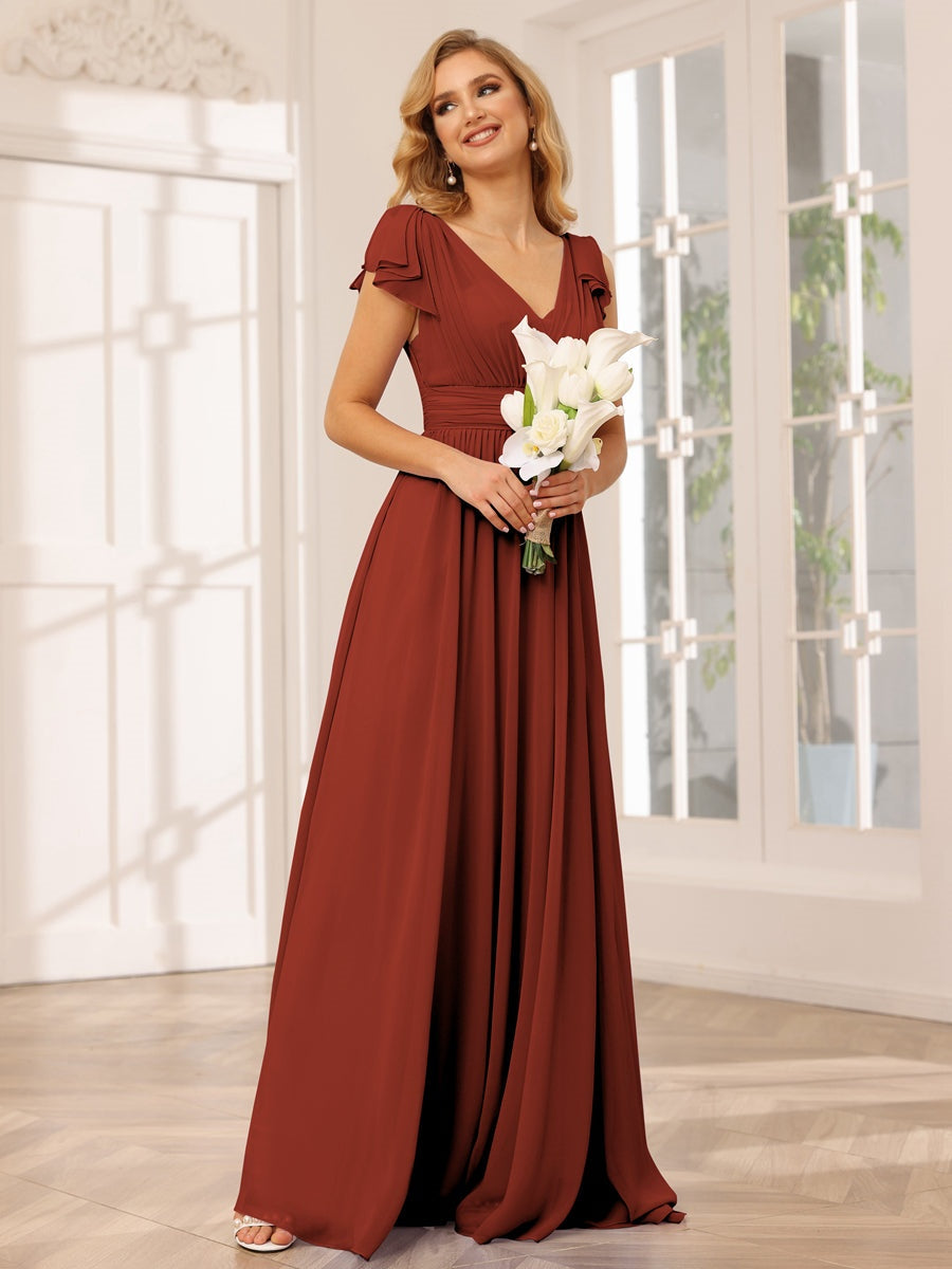 Princess A-Line V-Neck Long Bridesmaid Dresses with Ruffles and Short Sleeves