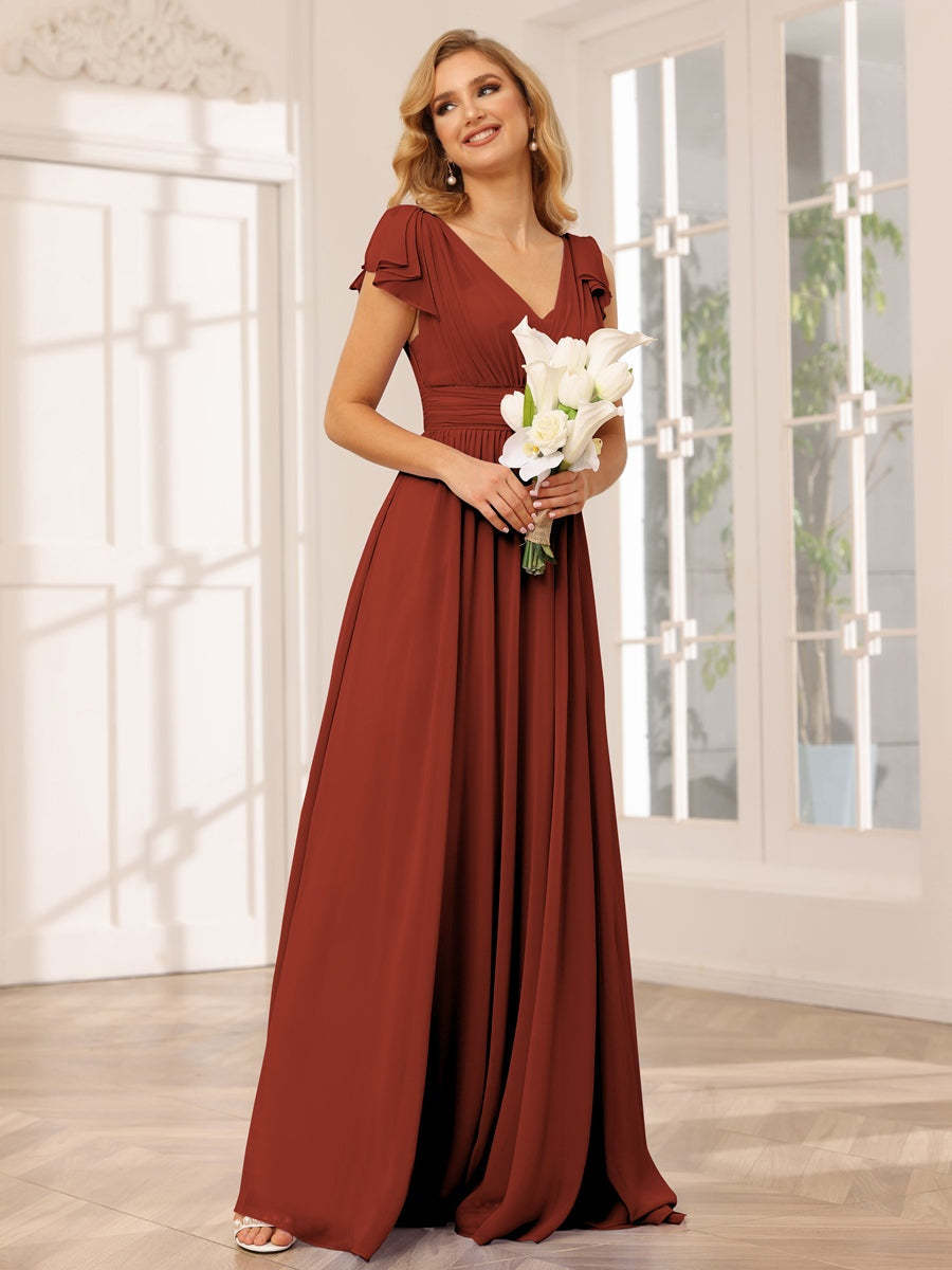 Princess A-Line V-Neck Long Bridesmaid Dresses with Ruffles and Short Sleeves