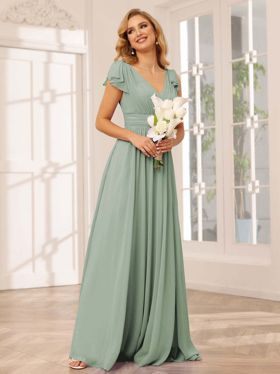 Princess A-Line V-Neck Long Bridesmaid Dresses with Ruffles and Short Sleeves