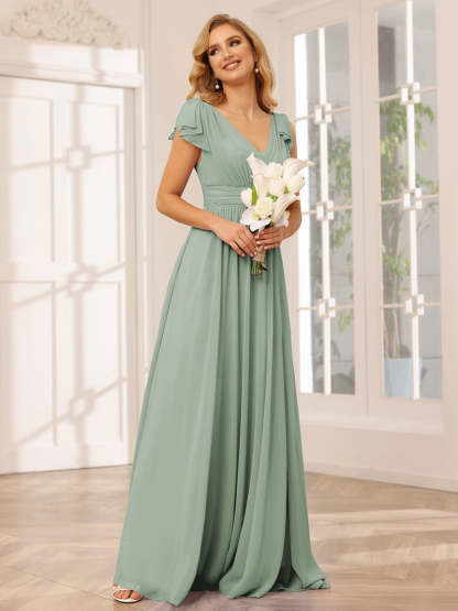 Princess A-Line V-Neck Long Bridesmaid Dresses with Ruffles and Short Sleeves