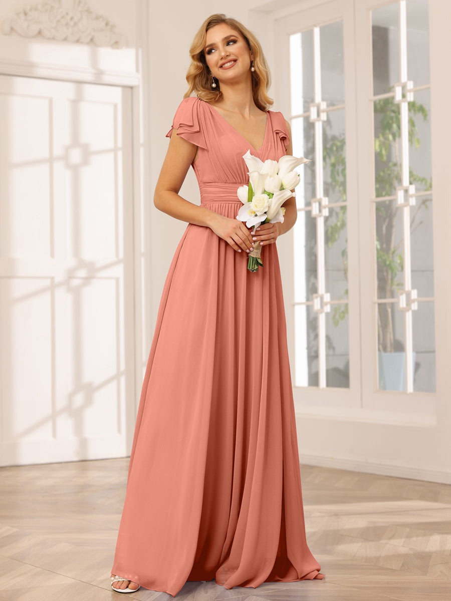 Princess A-Line V-Neck Long Bridesmaid Dresses with Ruffles and Short Sleeves