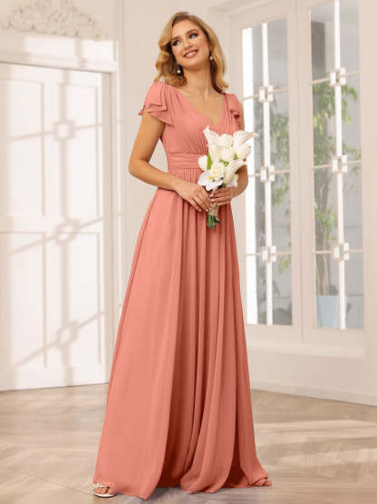 Princess A-Line V-Neck Long Bridesmaid Dresses with Ruffles and Short Sleeves