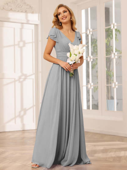Princess A-Line V-Neck Long Bridesmaid Dresses with Ruffles and Short Sleeves
