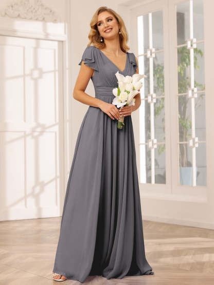 Princess A-Line V-Neck Long Bridesmaid Dresses with Ruffles and Short Sleeves
