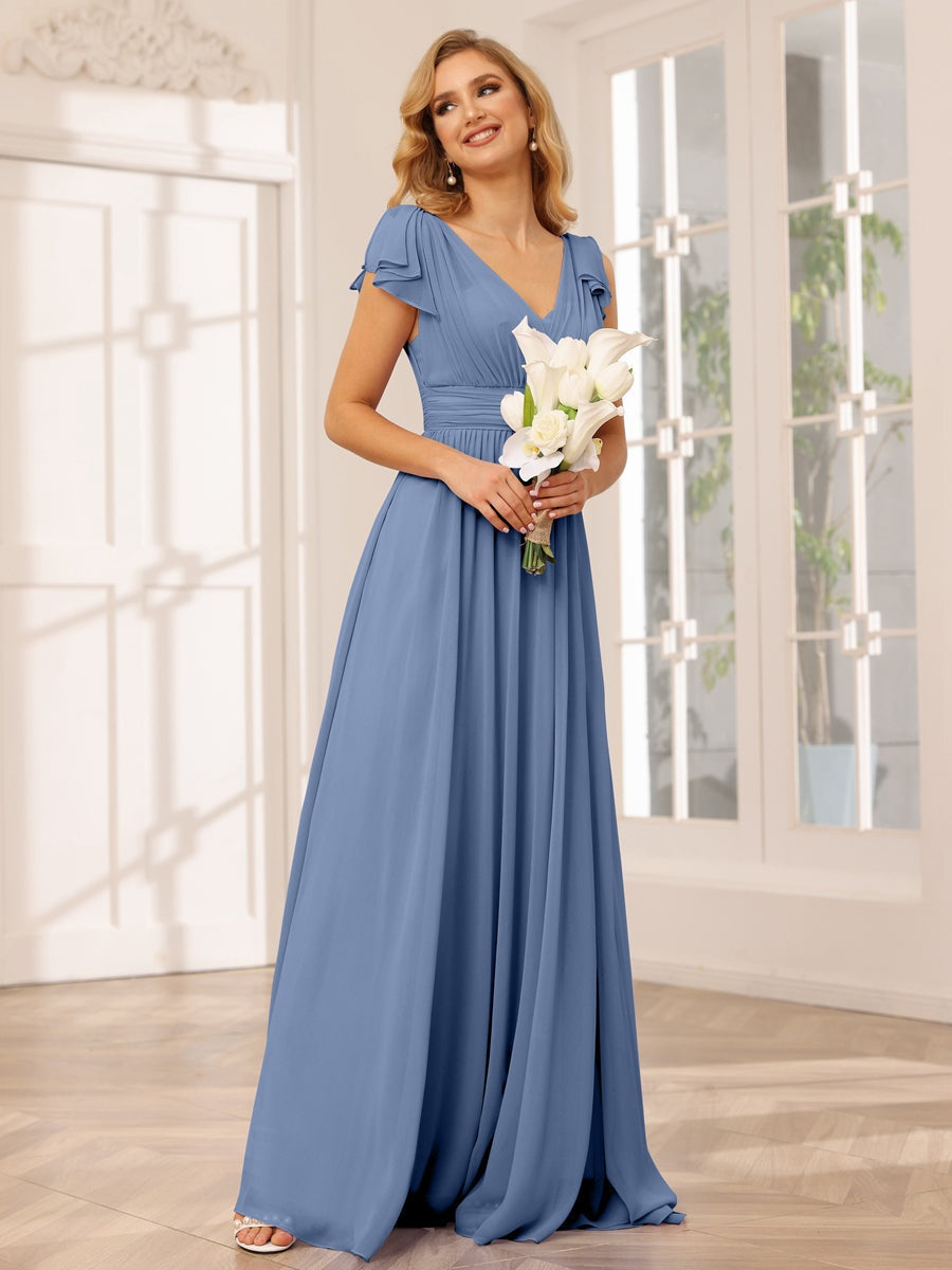 Princess A-Line V-Neck Long Bridesmaid Dresses with Ruffles and Short Sleeves