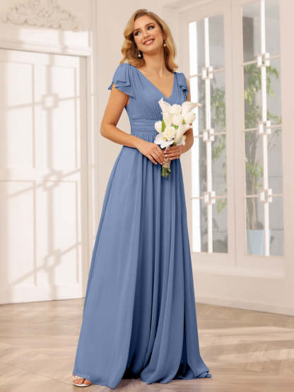 Princess A-Line V-Neck Long Bridesmaid Dresses with Ruffles and Short Sleeves