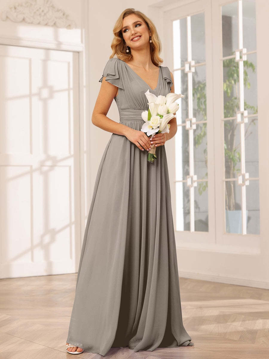 Princess A-Line V-Neck Long Bridesmaid Dresses with Ruffles and Short Sleeves