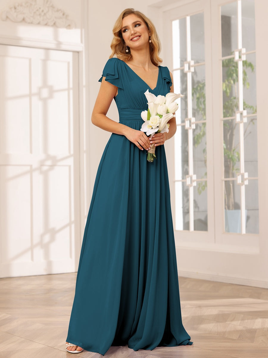 Princess A-Line V-Neck Long Bridesmaid Dresses with Ruffles and Short Sleeves