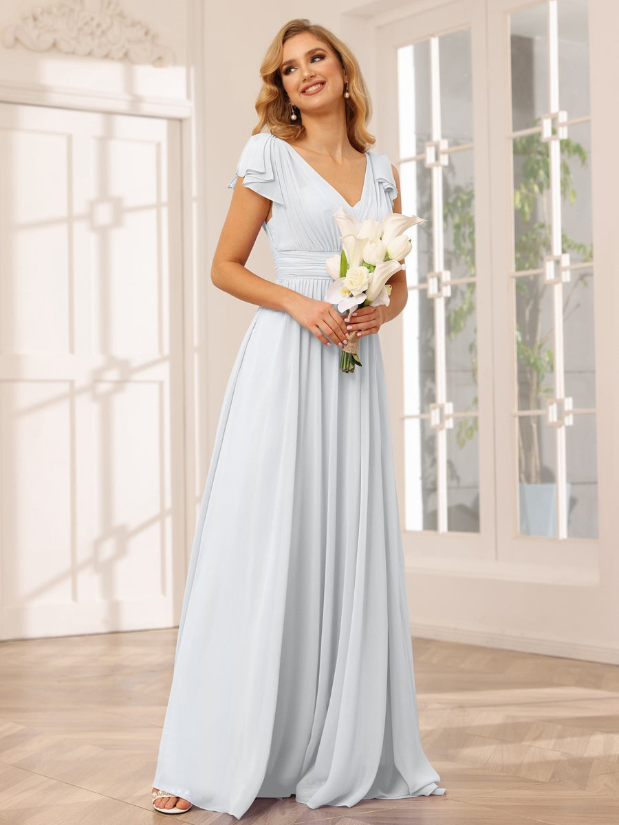 Princess A-Line V-Neck Long Bridesmaid Dresses with Ruffles and Short Sleeves