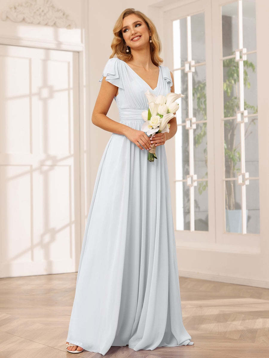 Princess A-Line V-Neck Long Bridesmaid Dresses with Ruffles and Short Sleeves