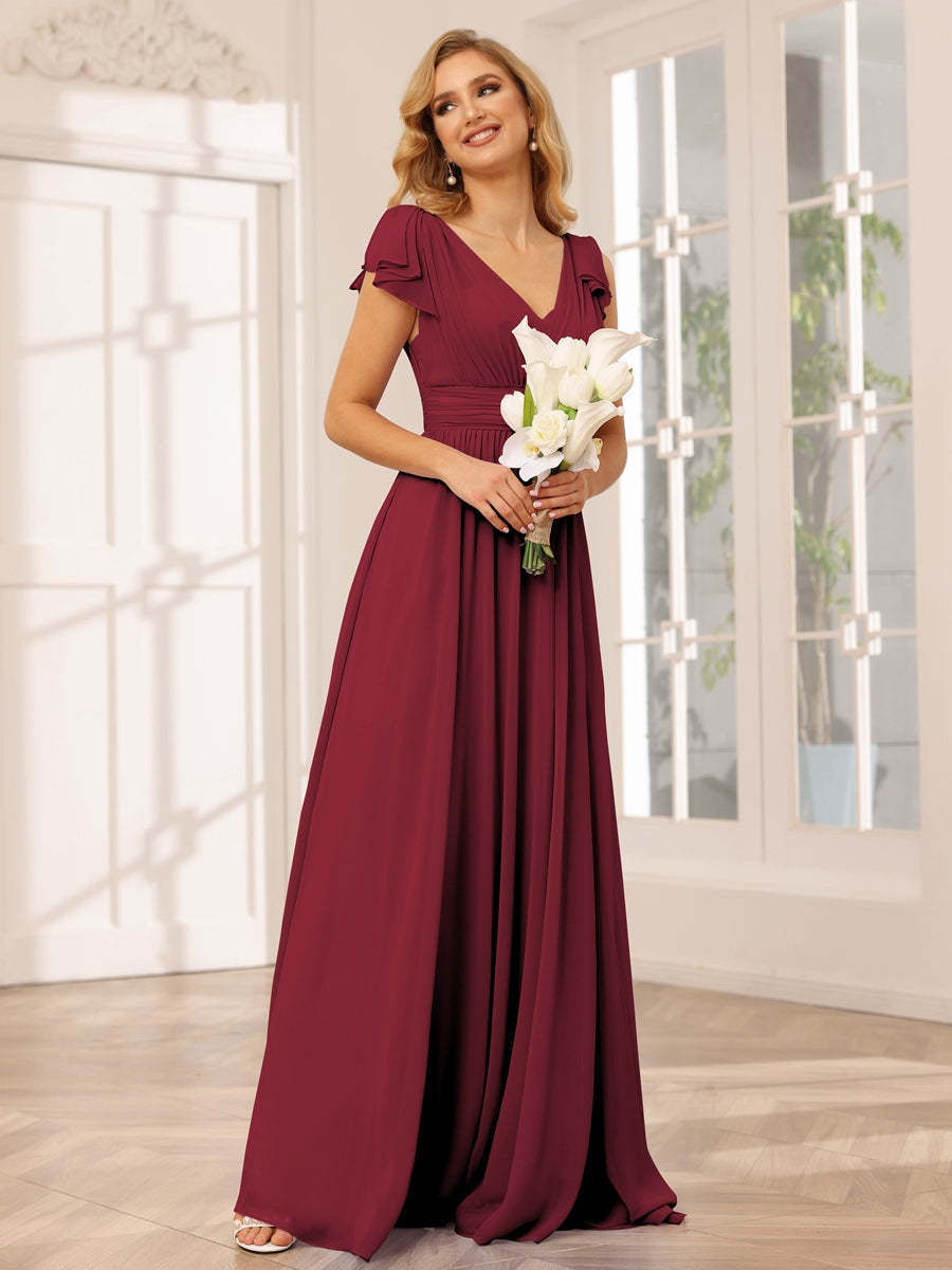 Princess A-Line V-Neck Long Bridesmaid Dresses with Ruffles and Short Sleeves