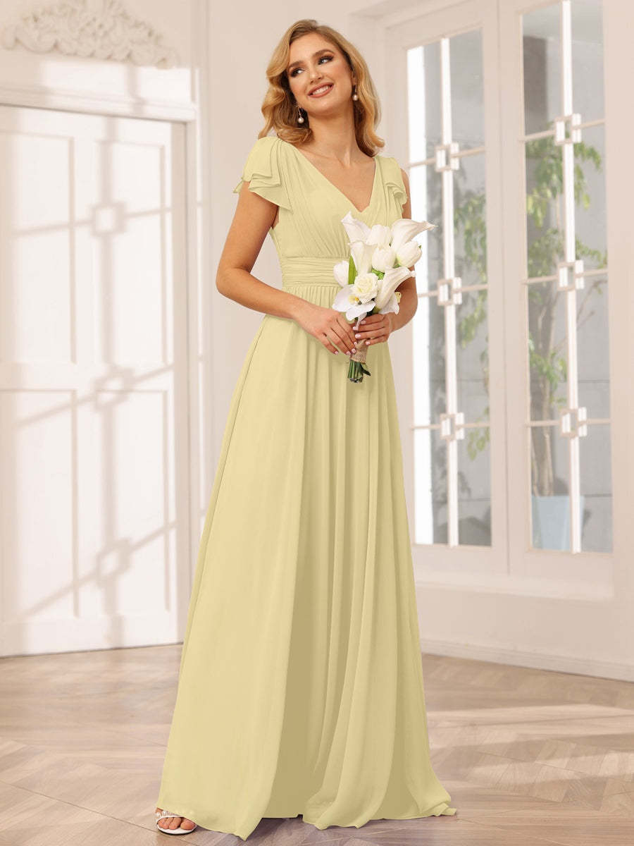 Princess A-Line V-Neck Long Bridesmaid Dresses with Ruffles and Short Sleeves