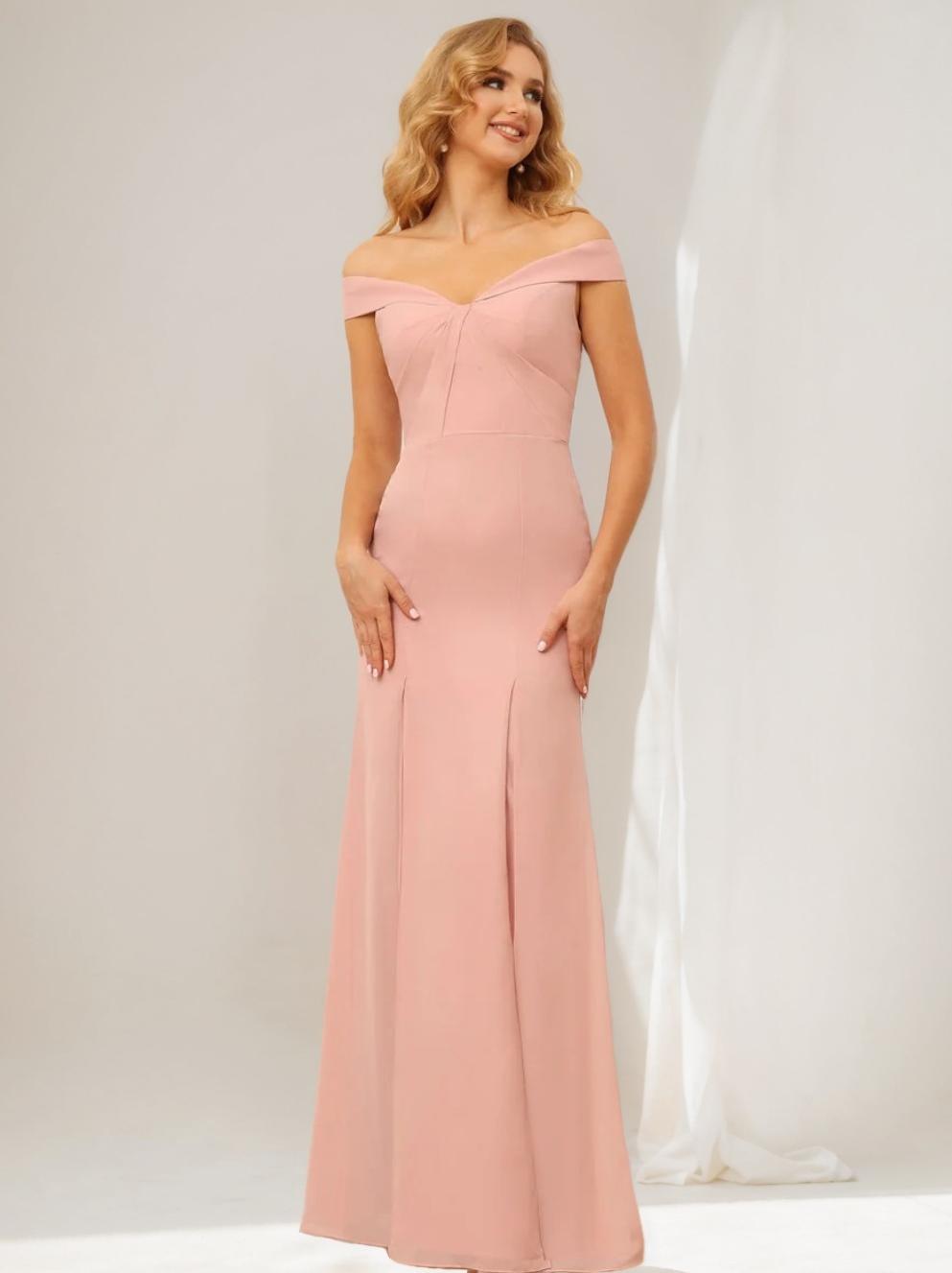 Off-the-Shoulder Long Bridesmaid Gown with Side Split