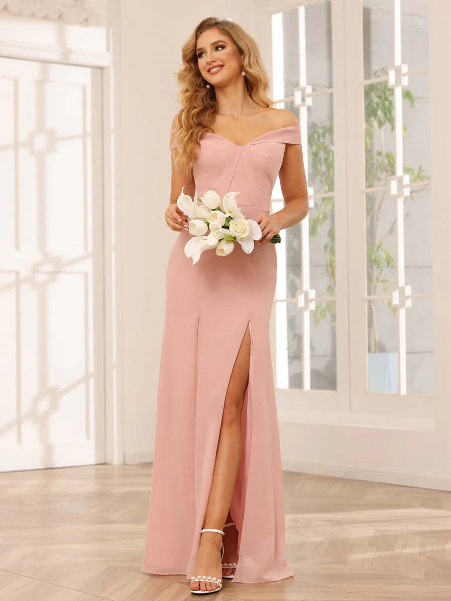 Off-the-Shoulder Long Bridesmaid Gown with Side Split