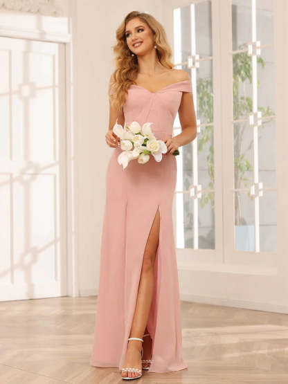 Off-the-Shoulder Long Bridesmaid Gown with Side Split