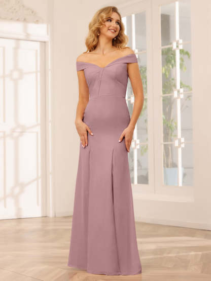 Off-the-Shoulder Long Bridesmaid Gown with Side Split
