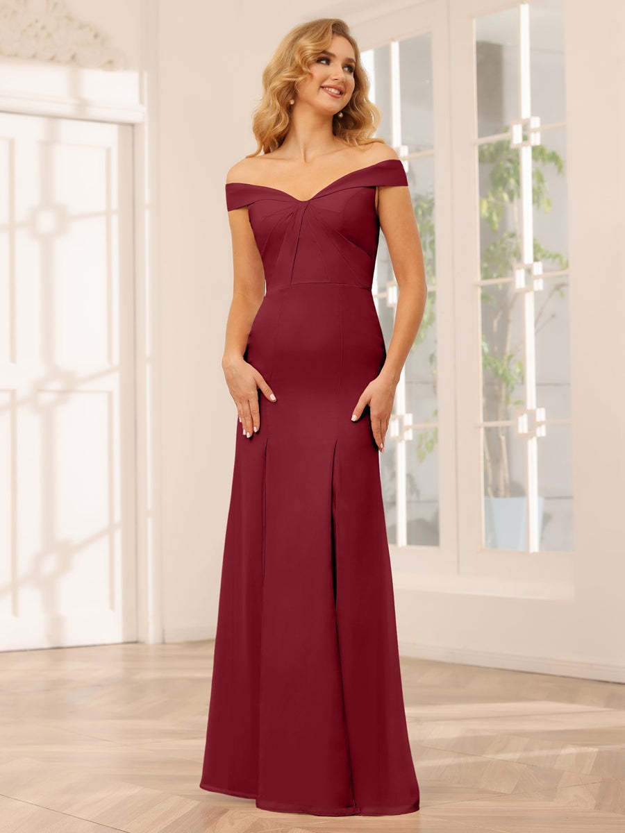 Off-the-Shoulder Long Bridesmaid Gown with Side Split