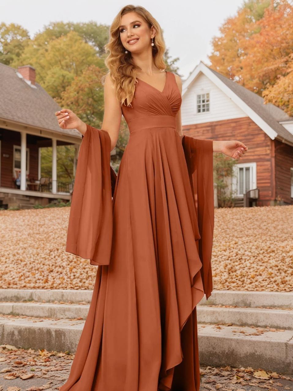 V-Neck Sleeveless A-Line Princess Floor-Length Asymmetrical Ruffled Bridesmaid Dresses