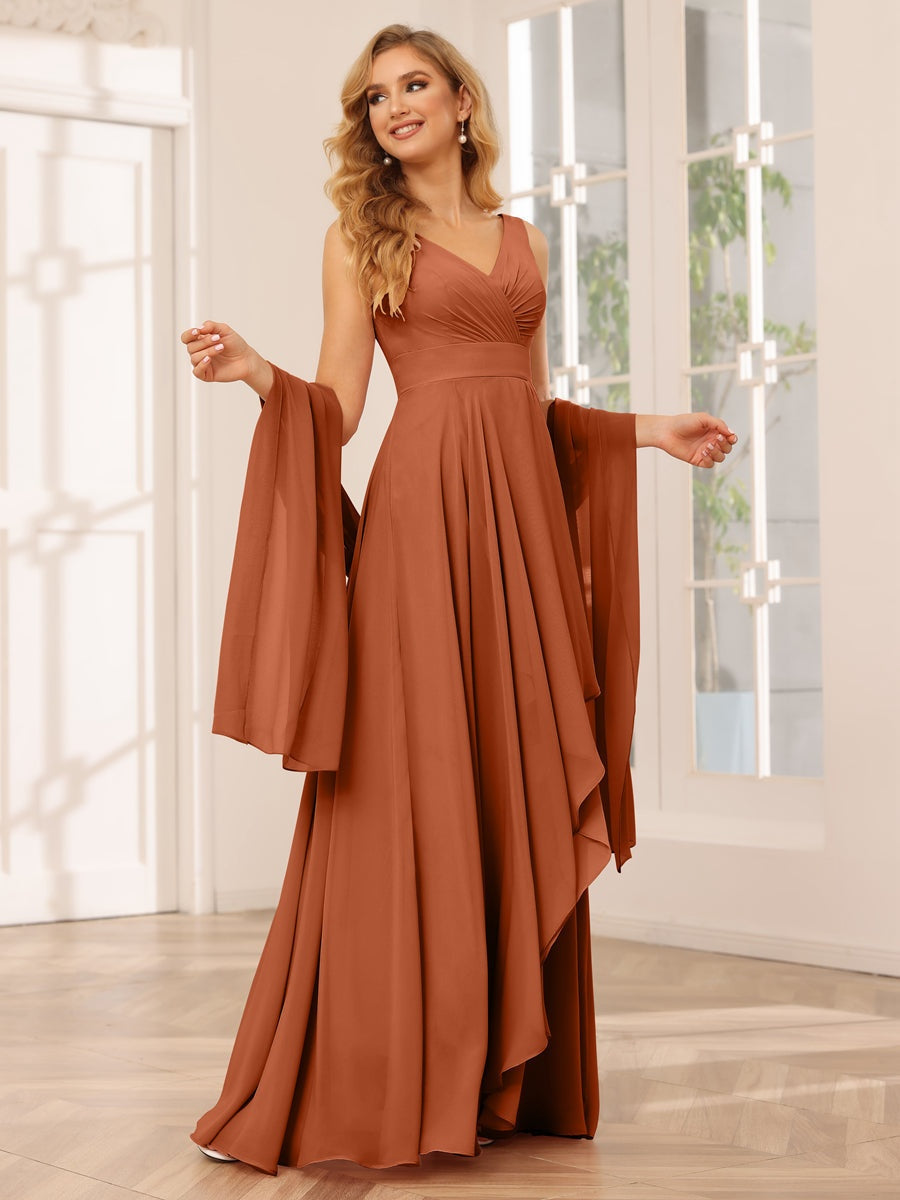 V-Neck Sleeveless A-Line Princess Floor-Length Asymmetrical Ruffled Bridesmaid Dresses
