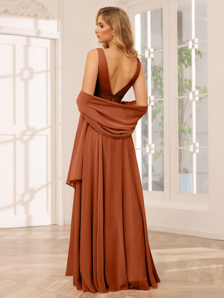 V-Neck Sleeveless A-Line Princess Floor-Length Asymmetrical Ruffled Bridesmaid Dresses