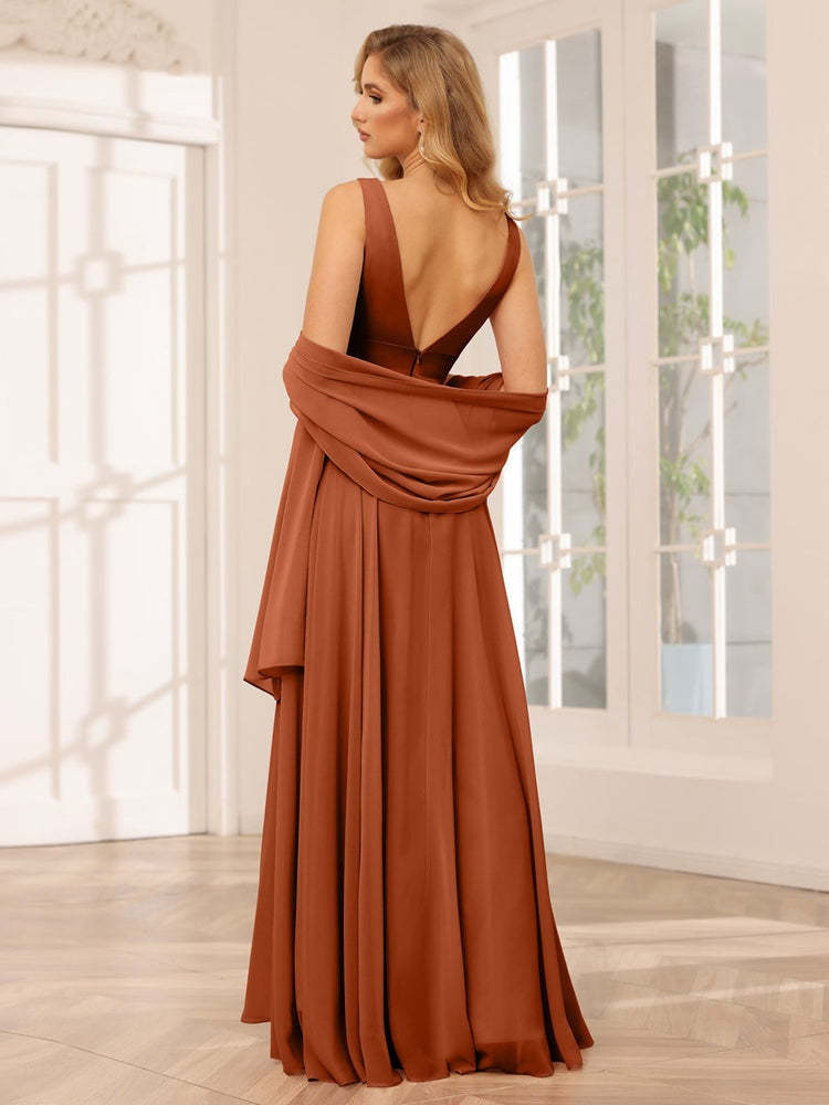 V-Neck Sleeveless A-Line Princess Floor-Length Asymmetrical Ruffled Bridesmaid Dresses