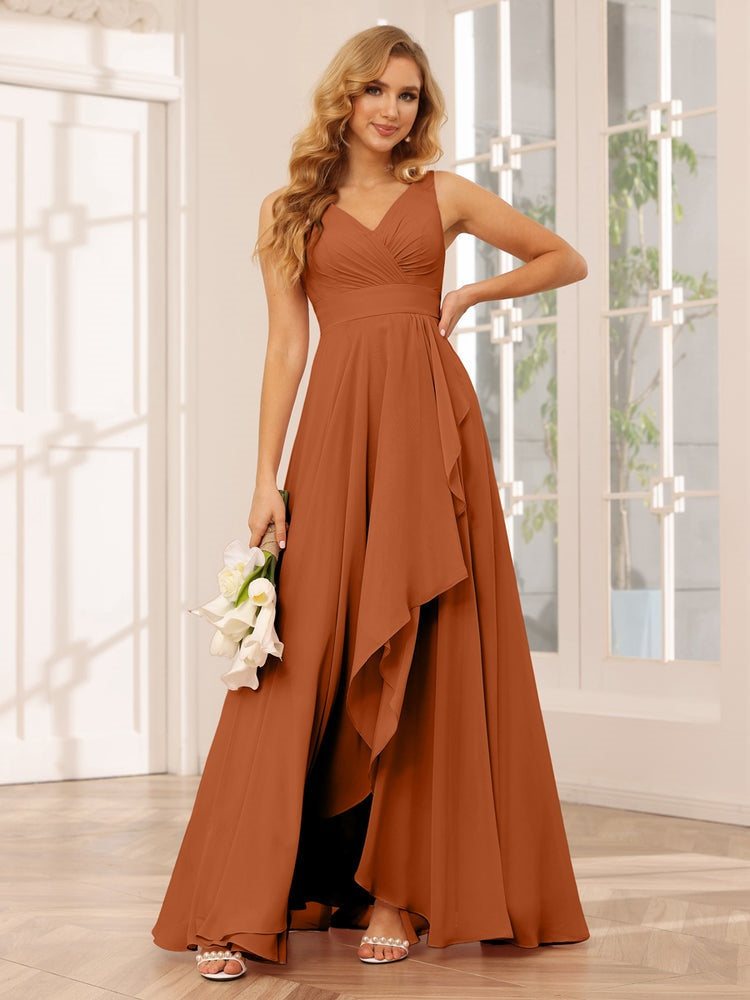 V-Neck Sleeveless A-Line Princess Floor-Length Asymmetrical Ruffled Bridesmaid Dresses