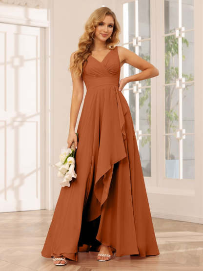 V-Neck Sleeveless A-Line Princess Floor-Length Asymmetrical Ruffled Bridesmaid Dresses