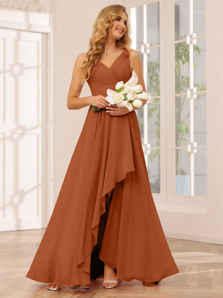 V-Neck Sleeveless A-Line Princess Floor-Length Asymmetrical Ruffled Bridesmaid Dresses