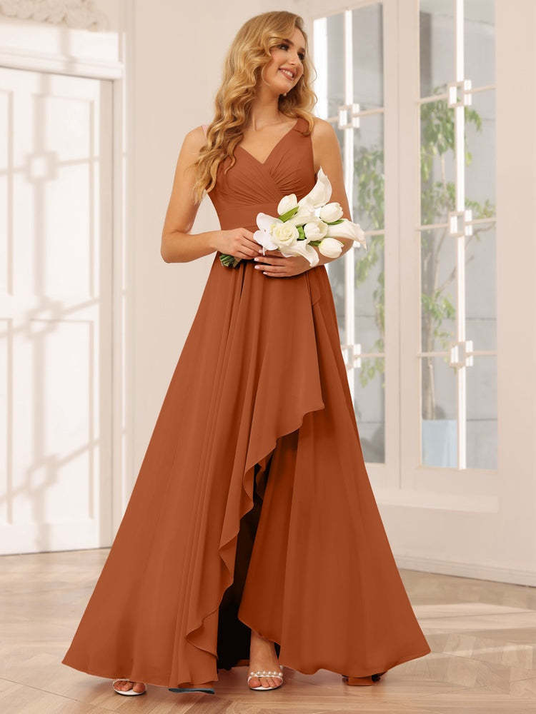 V-Neck Sleeveless A-Line Princess Floor-Length Asymmetrical Ruffled Bridesmaid Dresses