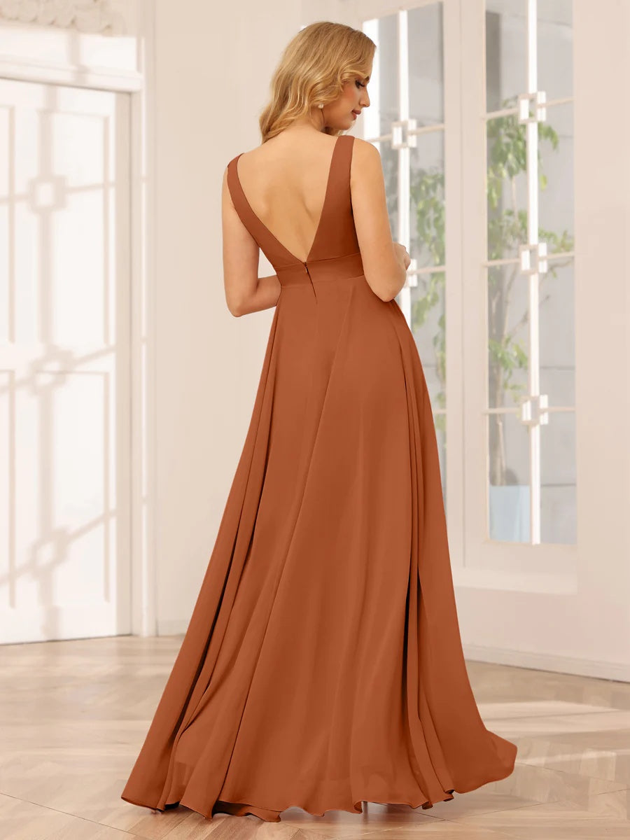 V-Neck Sleeveless A-Line Princess Floor-Length Asymmetrical Ruffled Bridesmaid Dresses
