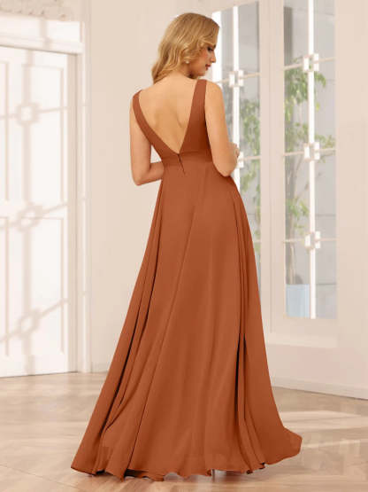 V-Neck Sleeveless A-Line Princess Floor-Length Asymmetrical Ruffled Bridesmaid Dresses