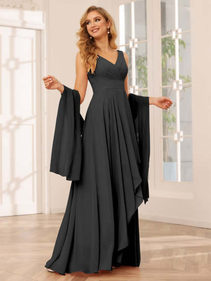 V-Neck Sleeveless A-Line Princess Floor-Length Asymmetrical Ruffled Bridesmaid Dresses