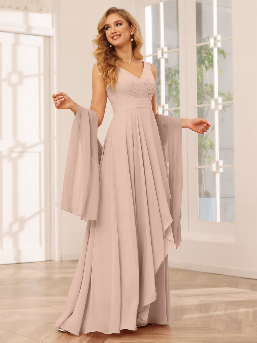 V-Neck Sleeveless A-Line Princess Floor-Length Asymmetrical Ruffled Bridesmaid Dresses