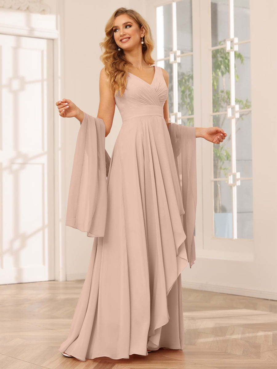 V-Neck Sleeveless A-Line Princess Floor-Length Asymmetrical Ruffled Bridesmaid Dresses