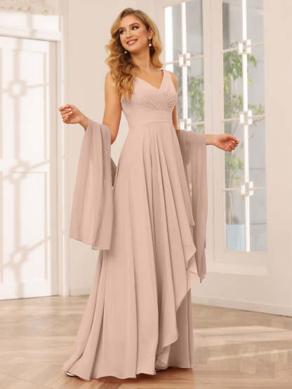 V-Neck Sleeveless A-Line Princess Floor-Length Asymmetrical Ruffled Bridesmaid Dresses