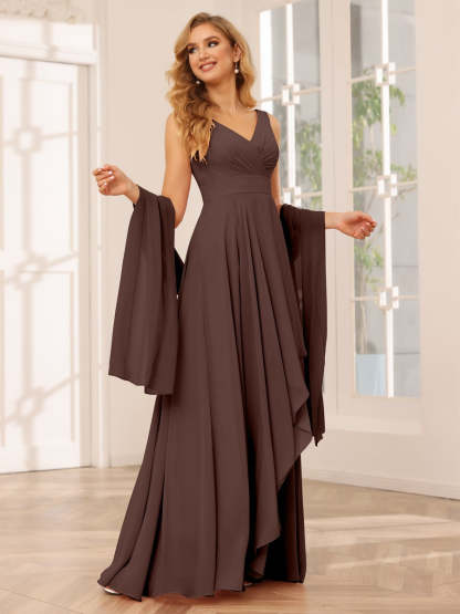 V-Neck Sleeveless A-Line Princess Floor-Length Asymmetrical Ruffled Bridesmaid Dresses