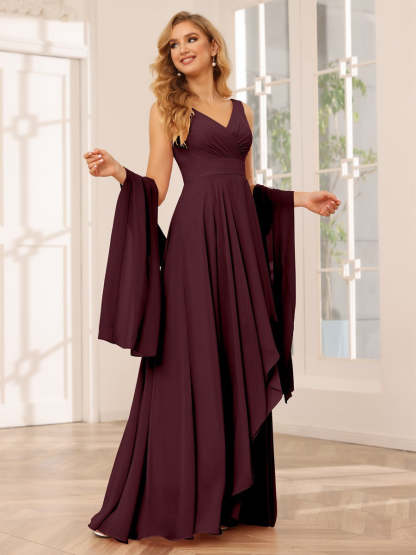 V-Neck Sleeveless A-Line Princess Floor-Length Asymmetrical Ruffled Bridesmaid Dresses