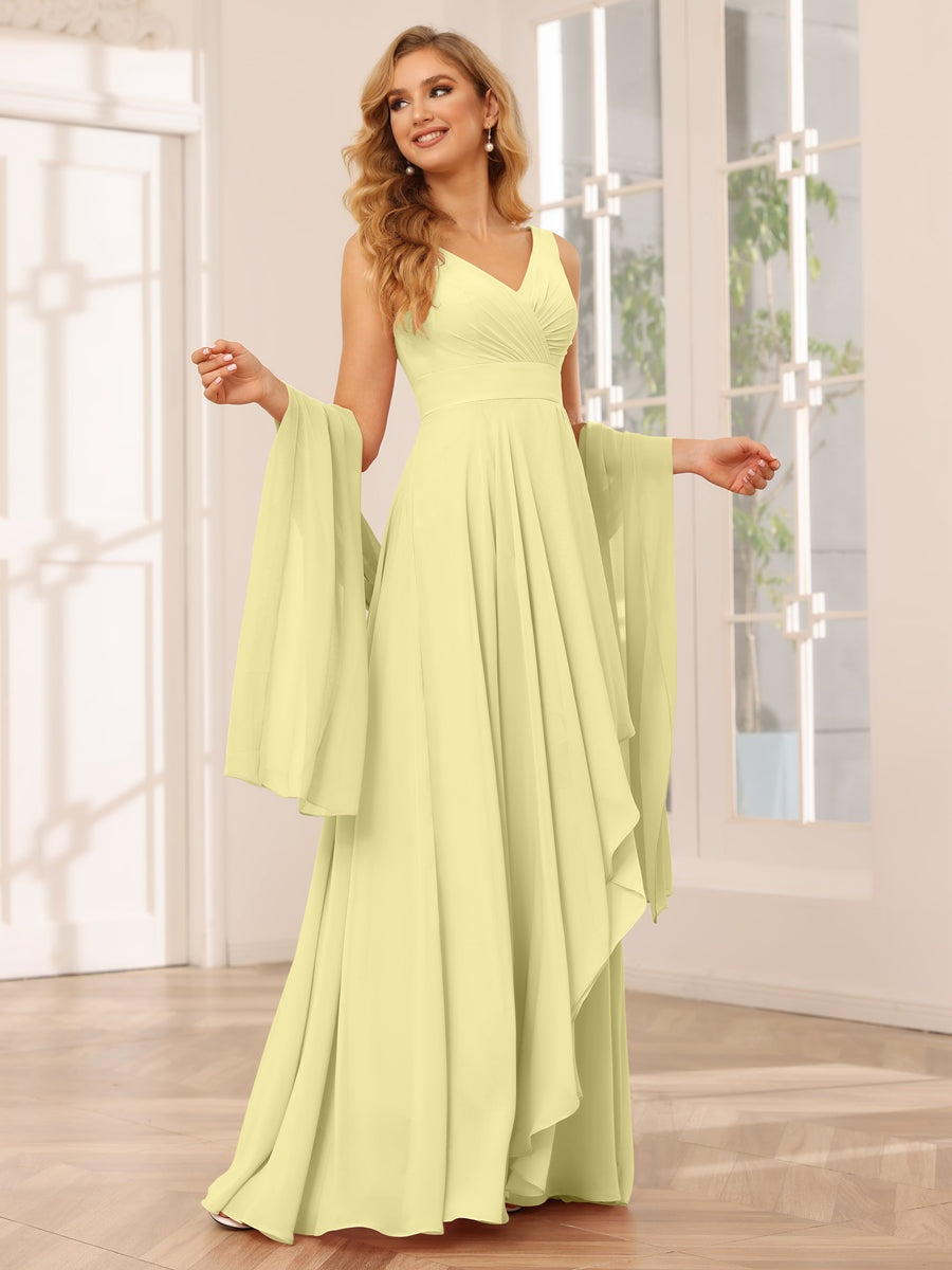 V-Neck Sleeveless A-Line Princess Floor-Length Asymmetrical Ruffled Bridesmaid Dresses