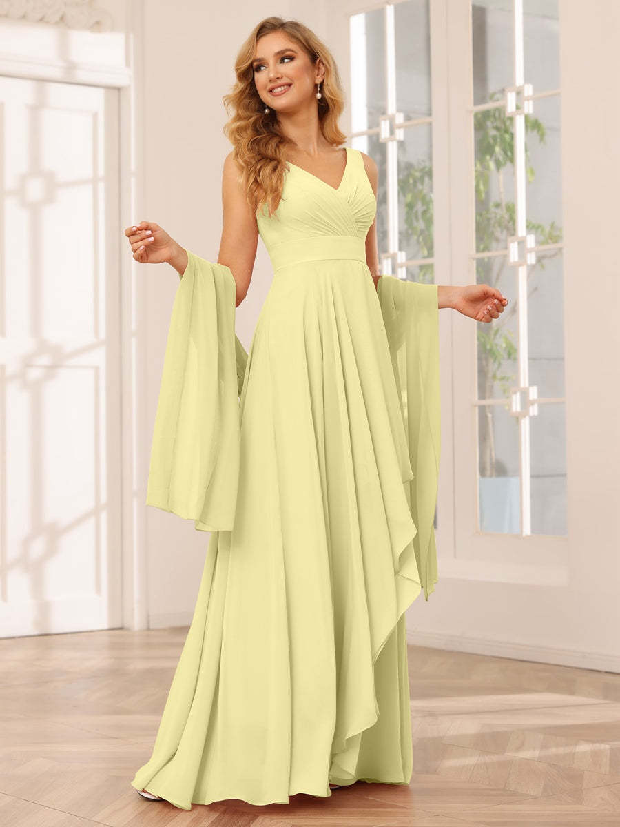 V-Neck Sleeveless A-Line Princess Floor-Length Asymmetrical Ruffled Bridesmaid Dresses