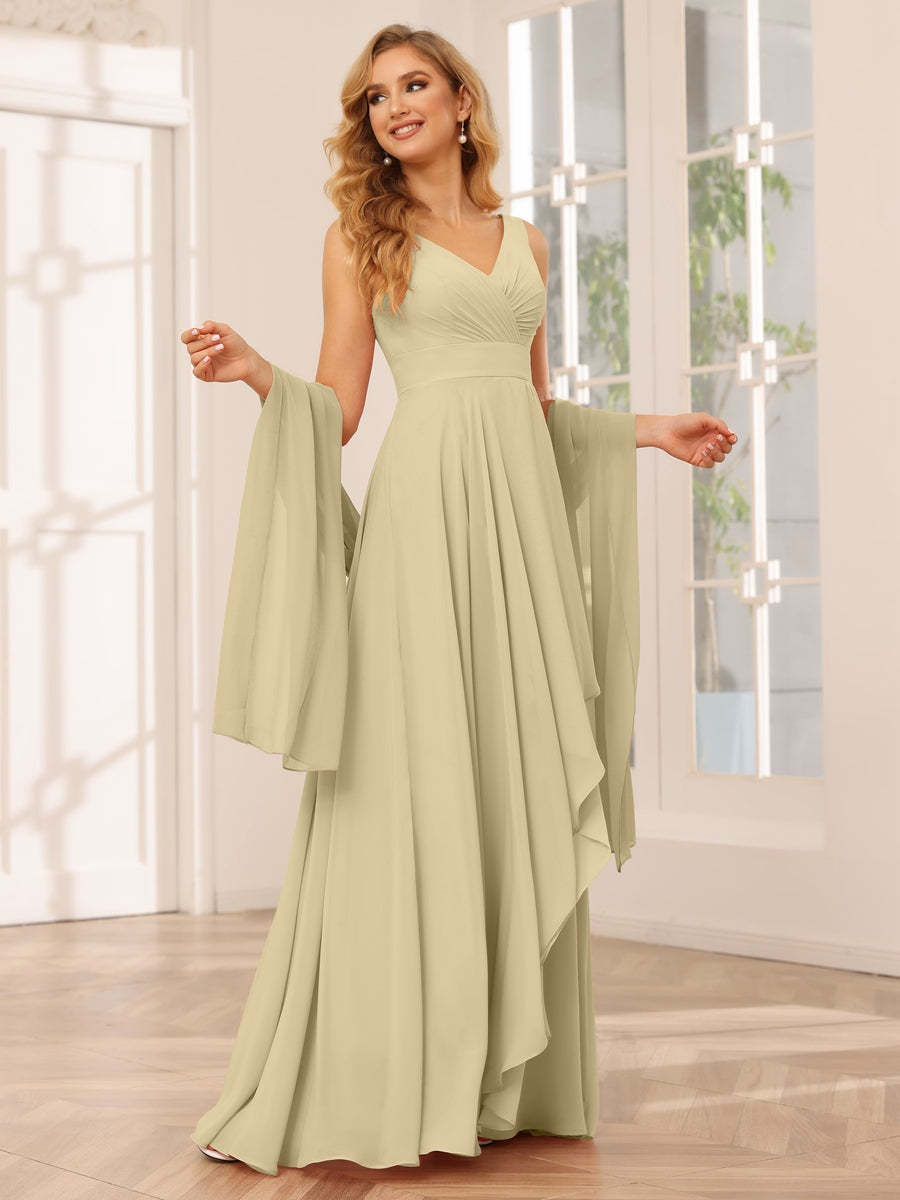 V-Neck Sleeveless A-Line Princess Floor-Length Asymmetrical Ruffled Bridesmaid Dresses