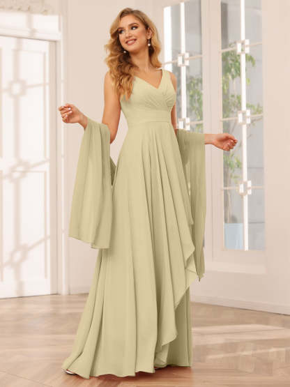 V-Neck Sleeveless A-Line Princess Floor-Length Asymmetrical Ruffled Bridesmaid Dresses