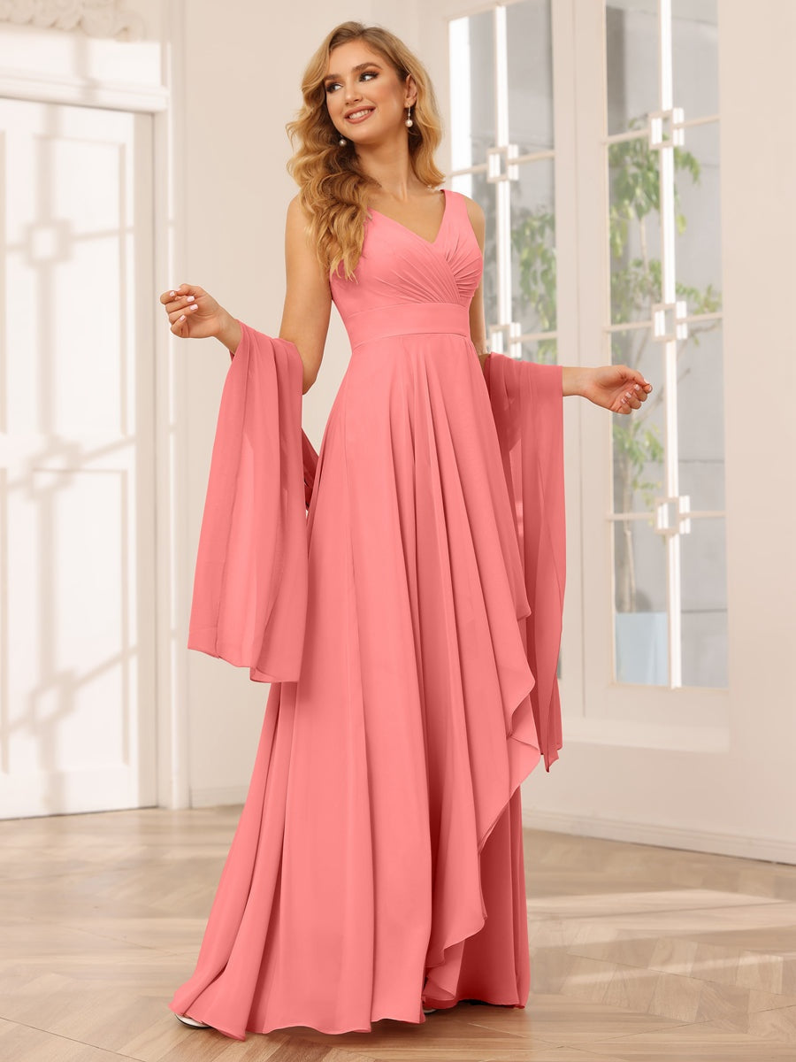 V-Neck Sleeveless A-Line Princess Floor-Length Asymmetrical Ruffled Bridesmaid Dresses