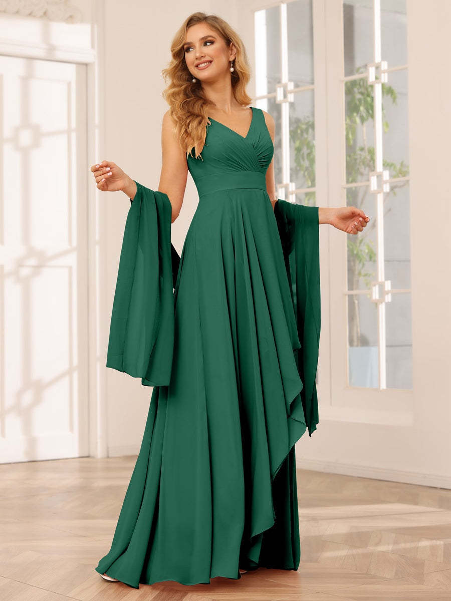 V-Neck Sleeveless A-Line Princess Floor-Length Asymmetrical Ruffled Bridesmaid Dresses