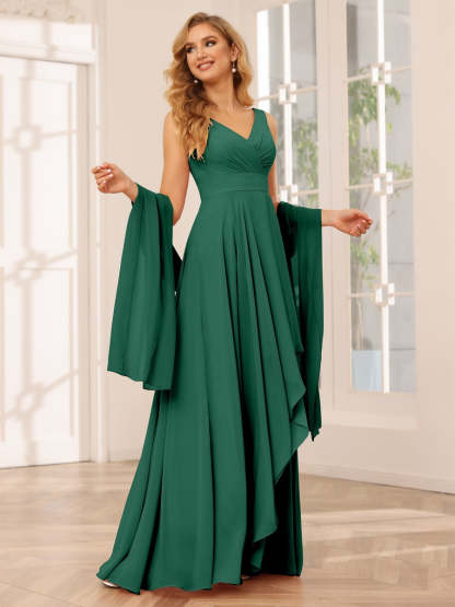V-Neck Sleeveless A-Line Princess Floor-Length Asymmetrical Ruffled Bridesmaid Dresses