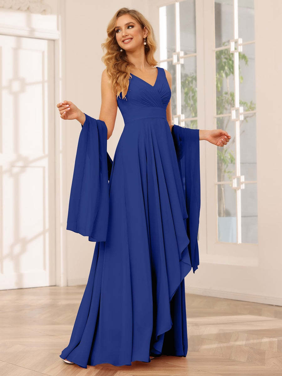 V-Neck Sleeveless A-Line Princess Floor-Length Asymmetrical Ruffled Bridesmaid Dresses